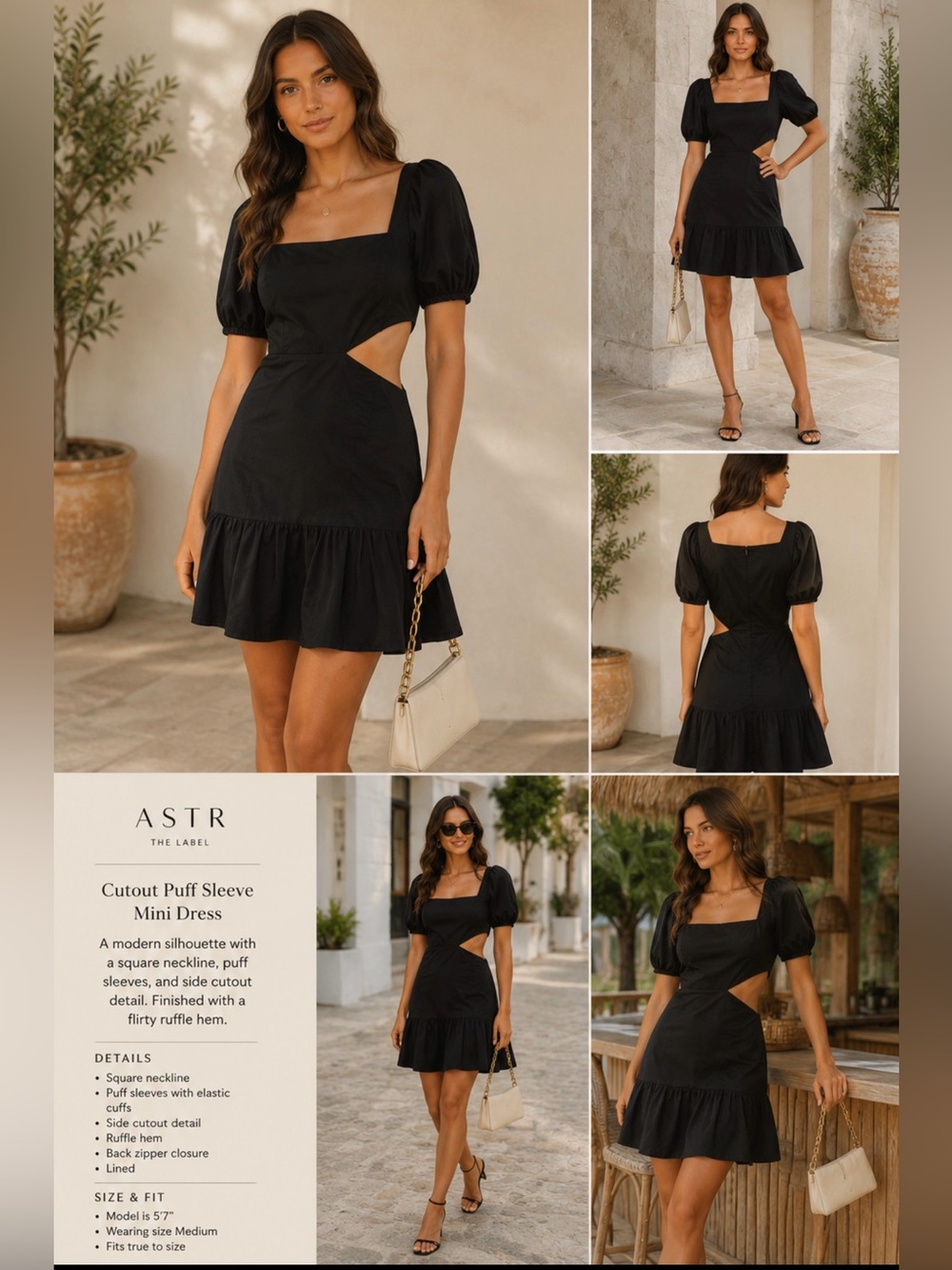 Astr Black Cutout Puff Sleeve Mini Dress with Ruffle Hem
